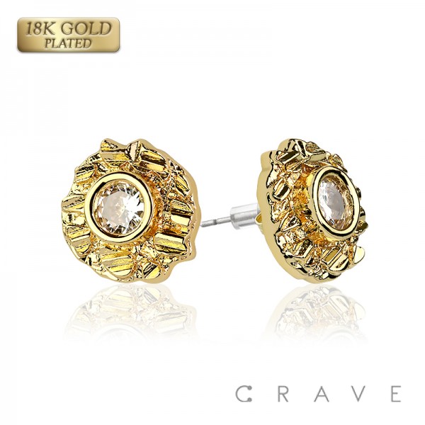 PAIR OF 18K GOLD PLATED ROUND CZ CENTER NUGGET EARRINGS